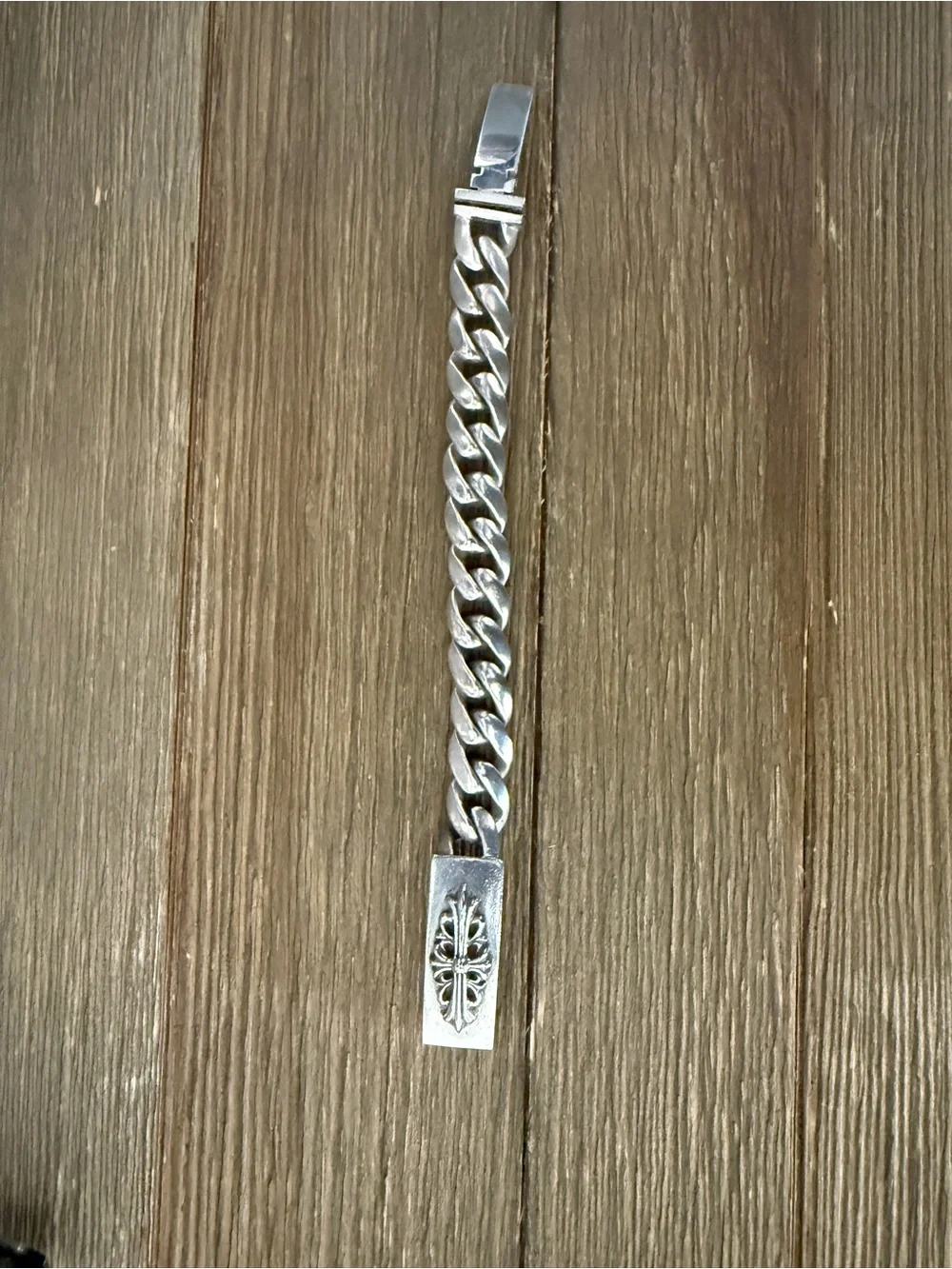 Chrome Hearts Silver Curb Chain Bracelet with Cross Plate